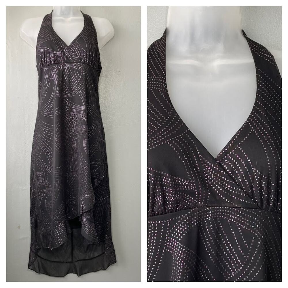 A Byer Dress Size Medium Sleeveless Black Glitter Babydoll Halter Whimsigoth Y2K